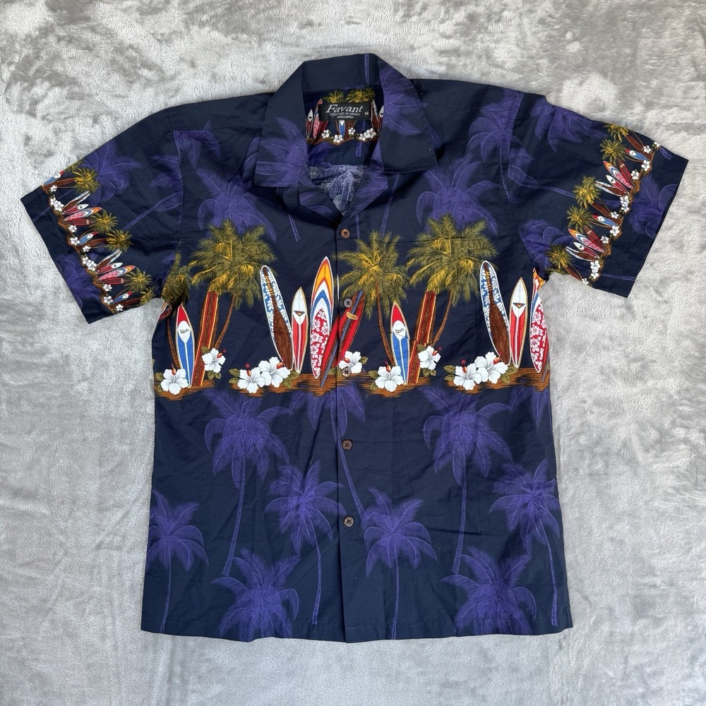 Favant Hawaiian Camp Shirt Size M Purple Surf Boards & Palm Trees Aloha